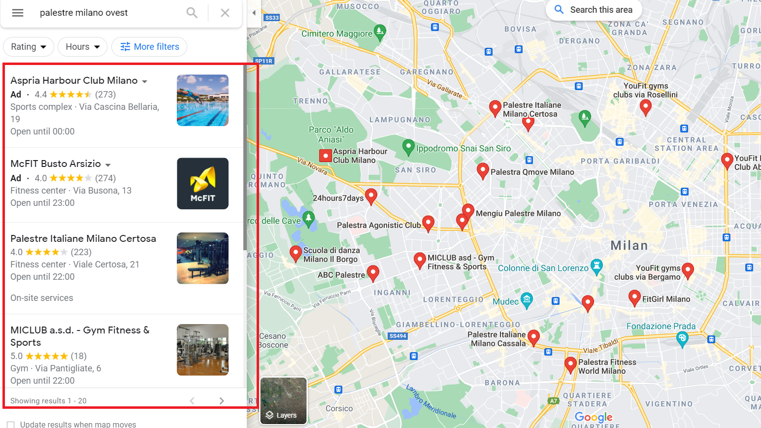 Risultati Google Maps per la keyword palestre milano ovest
